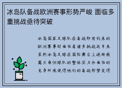 冰岛队备战欧洲赛事形势严峻 面临多重挑战亟待突破