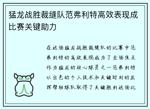 猛龙战胜裁缝队范弗利特高效表现成比赛关键助力