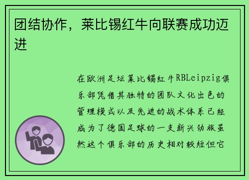 团结协作，莱比锡红牛向联赛成功迈进